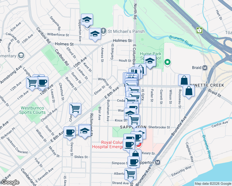 map of restaurants, bars, coffee shops, grocery stores, and more near 466 East 8th Avenue in New Westminster