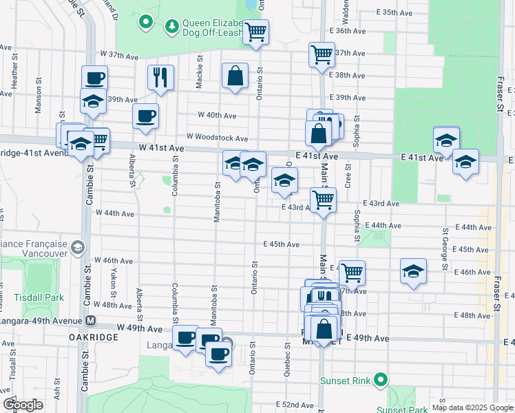 map of restaurants, bars, coffee shops, grocery stores, and more near East 43rd Avenue in Vancouver