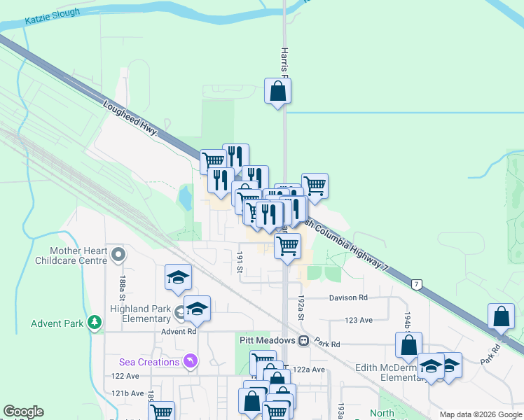 map of restaurants, bars, coffee shops, grocery stores, and more near 19150 Lougheed Highway in Pitt Meadows