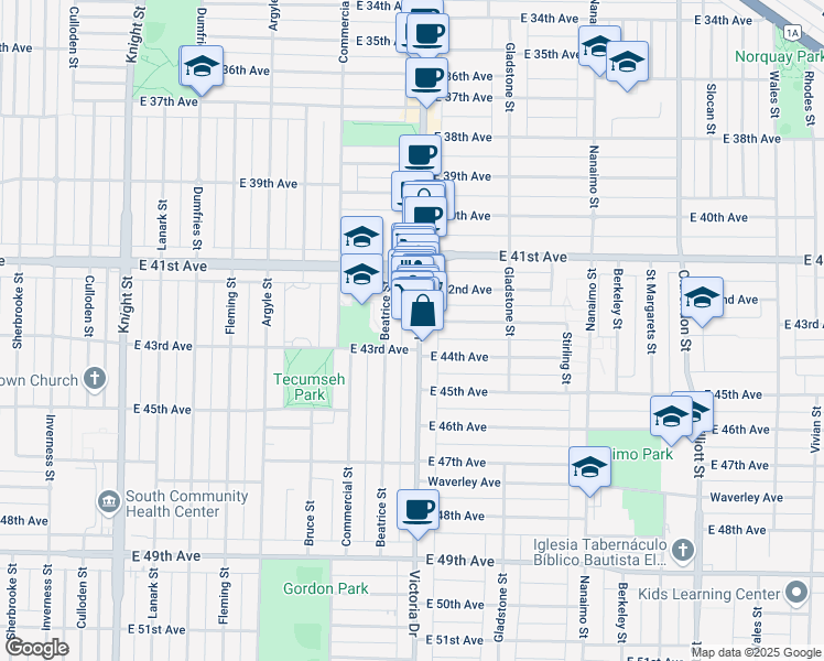 map of restaurants, bars, coffee shops, grocery stores, and more near in Vancouver