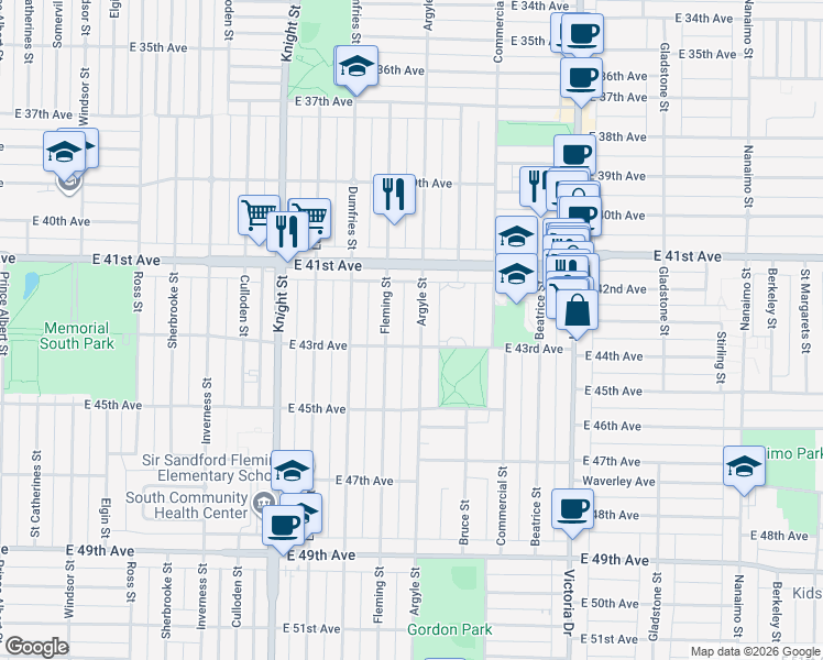 map of restaurants, bars, coffee shops, grocery stores, and more near 5871 Argyle Street in Vancouver