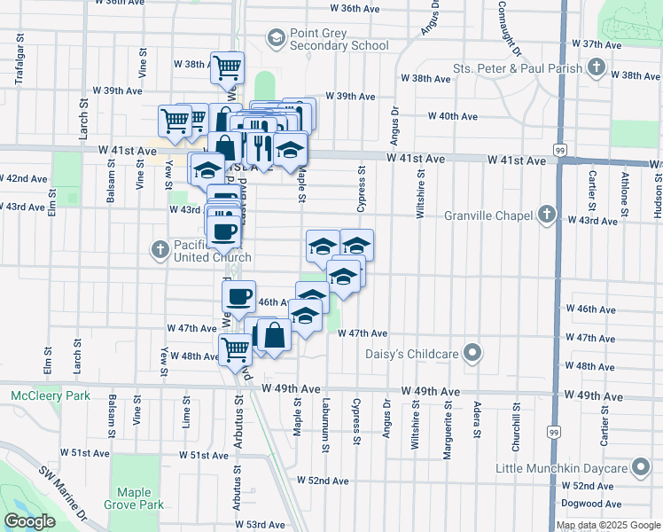 map of restaurants, bars, coffee shops, grocery stores, and more near 1945 West 45th Avenue in Vancouver