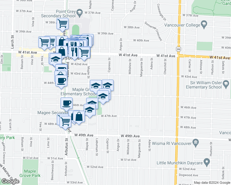 map of restaurants, bars, coffee shops, grocery stores, and more near 1833 West 45th Avenue in Vancouver