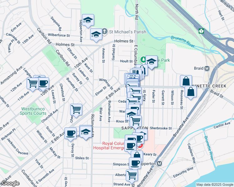 map of restaurants, bars, coffee shops, grocery stores, and more near in New Westminster