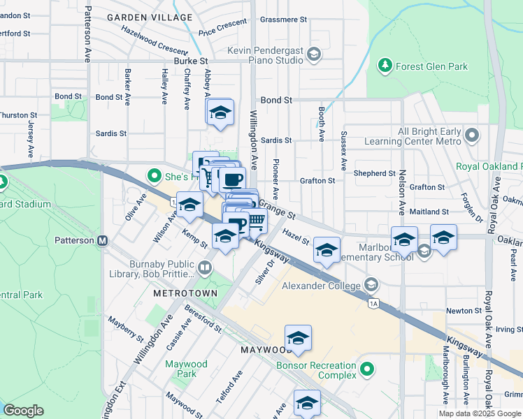 map of restaurants, bars, coffee shops, grocery stores, and more near 4505 Grange Street in Burnaby