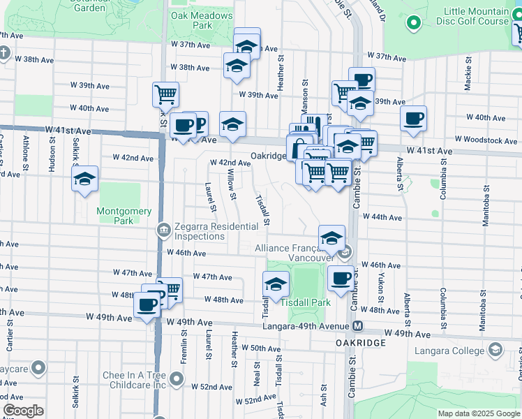 map of restaurants, bars, coffee shops, grocery stores, and more near in Vancouver