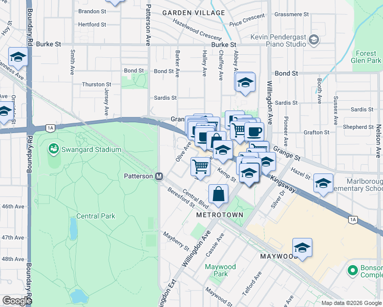 map of restaurants, bars, coffee shops, grocery stores, and more near 5868 Olive Avenue in Burnaby