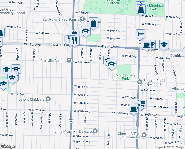 map of restaurants, bars, coffee shops, grocery stores, and more near 6050 Athlone Street in Vancouver