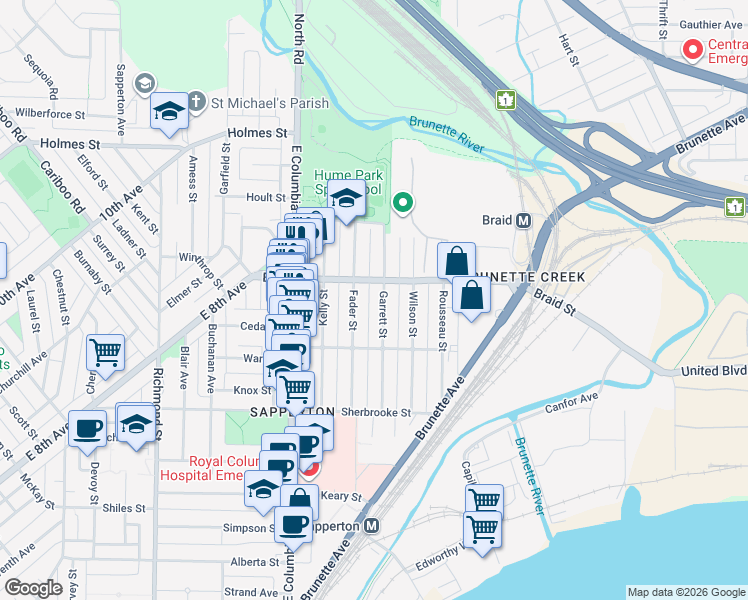 map of restaurants, bars, coffee shops, grocery stores, and more near 465 Garrett Street in New Westminster