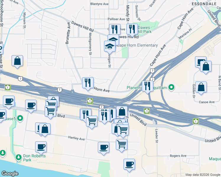 map of restaurants, bars, coffee shops, grocery stores, and more near 2113 Cape Horn Avenue in Coquitlam
