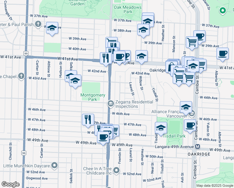 map of restaurants, bars, coffee shops, grocery stores, and more near 6009 Fremlin Street in Vancouver
