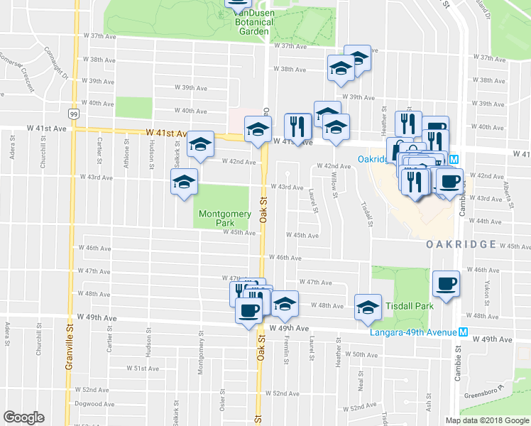 map of restaurants, bars, coffee shops, grocery stores, and more near 6008 Oak Street in Vancouver