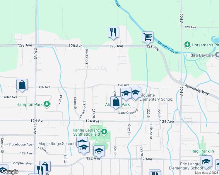 map of restaurants, bars, coffee shops, grocery stores, and more near 21980 126 Avenue in Maple Ridge