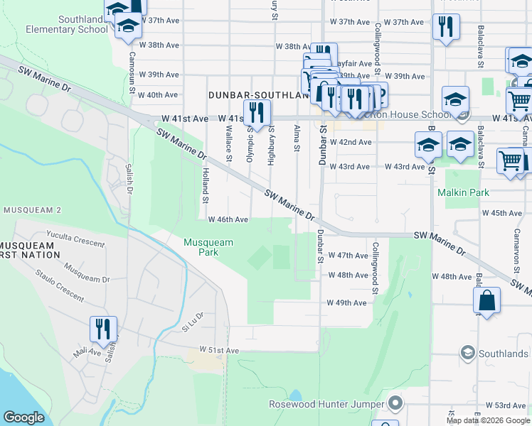 map of restaurants, bars, coffee shops, grocery stores, and more near 6109 Highbury Street in Vancouver