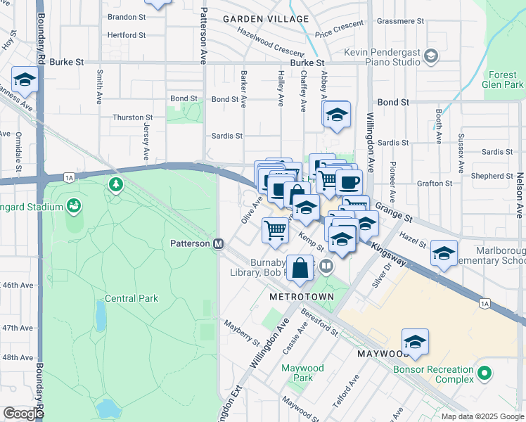 map of restaurants, bars, coffee shops, grocery stores, and more near in Burnaby