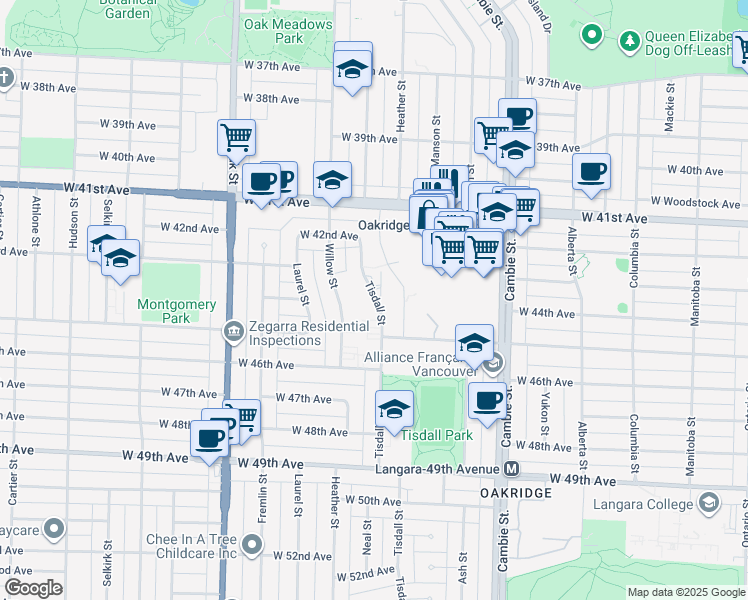 map of restaurants, bars, coffee shops, grocery stores, and more near 5976 Tisdall Street in Vancouver