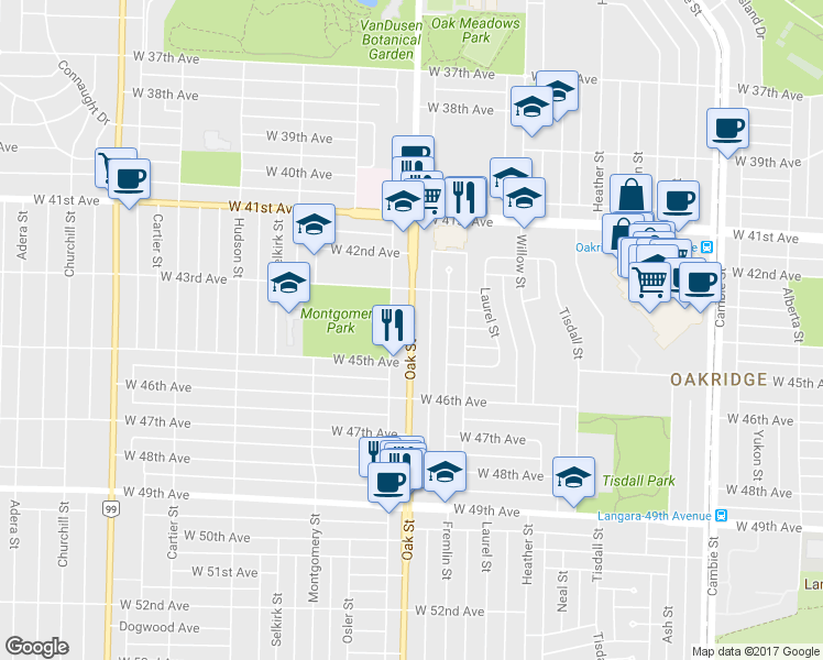 map of restaurants, bars, coffee shops, grocery stores, and more near 6008 Oak Street in Vancouver