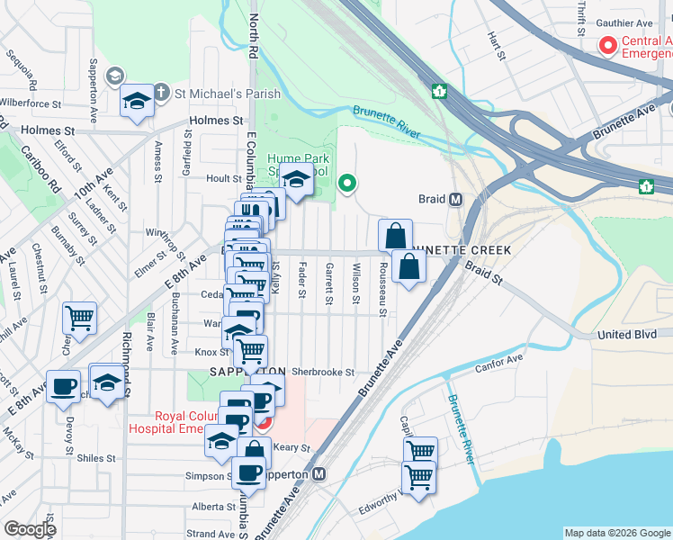 map of restaurants, bars, coffee shops, grocery stores, and more near 468 Garrett Street in New Westminster