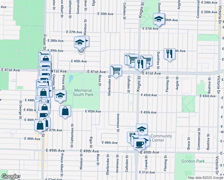 map of restaurants, bars, coffee shops, grocery stores, and more near 5886 Sherbrooke Street in Vancouver