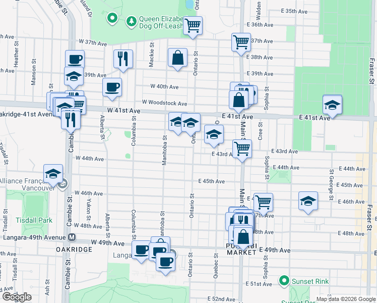 map of restaurants, bars, coffee shops, grocery stores, and more near 5921 Ontario Street in Vancouver