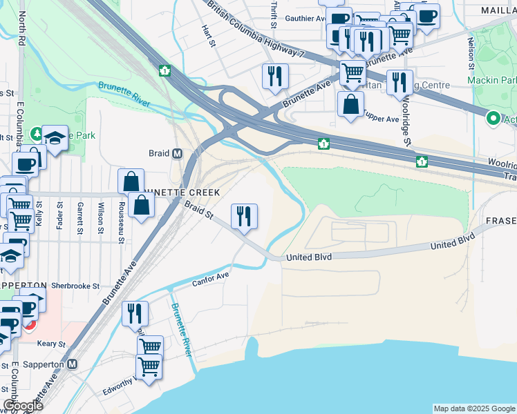 map of restaurants, bars, coffee shops, grocery stores, and more near 15 Braid Street in New Westminster