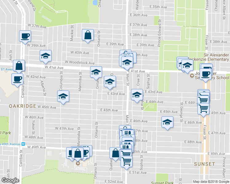 map of restaurants, bars, coffee shops, grocery stores, and more near 5898 Quebec Street in Vancouver