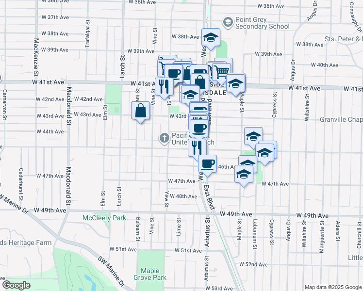 map of restaurants, bars, coffee shops, grocery stores, and more near 2159 West 45th Avenue in Vancouver