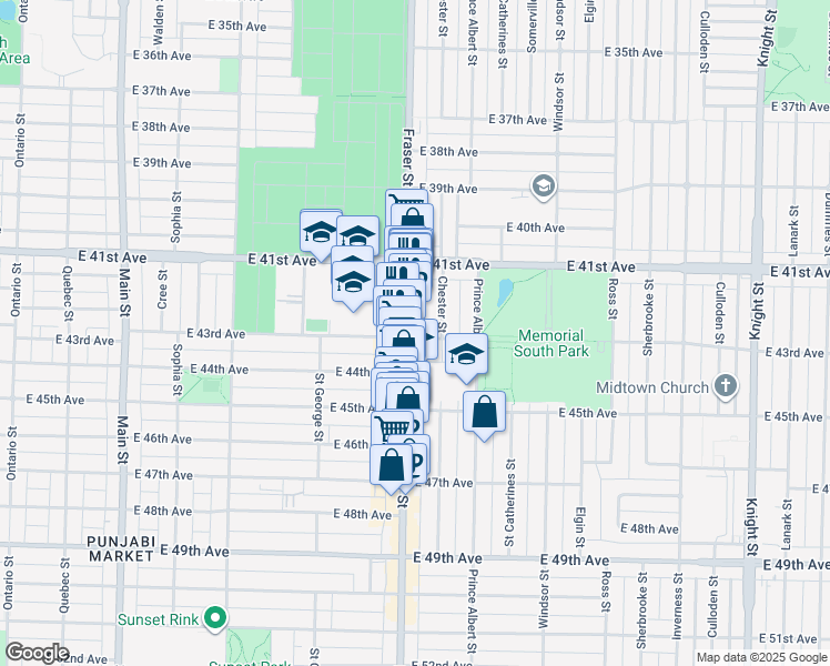 map of restaurants, bars, coffee shops, grocery stores, and more near 707 East 43rd Avenue in Vancouver