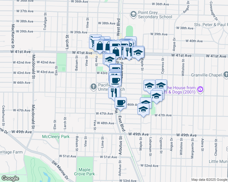map of restaurants, bars, coffee shops, grocery stores, and more near in Vancouver