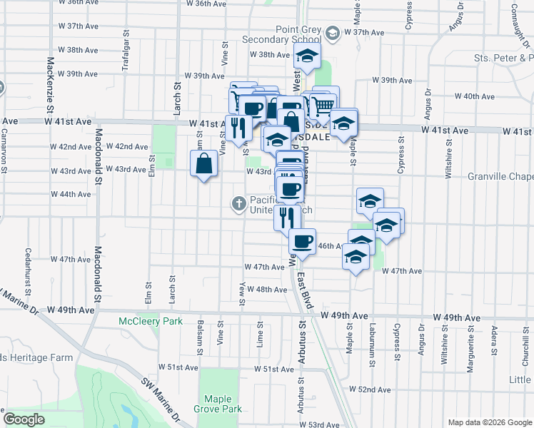 map of restaurants, bars, coffee shops, grocery stores, and more near 2155 West 45th Avenue in Vancouver