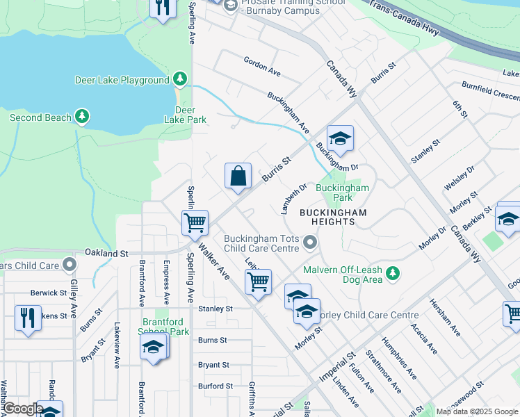 map of restaurants, bars, coffee shops, grocery stores, and more near 6005 Humphries Place in Burnaby