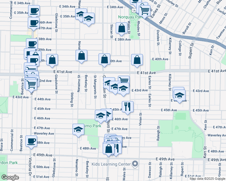 map of restaurants, bars, coffee shops, grocery stores, and more near 2545 East 43rd Avenue in Vancouver