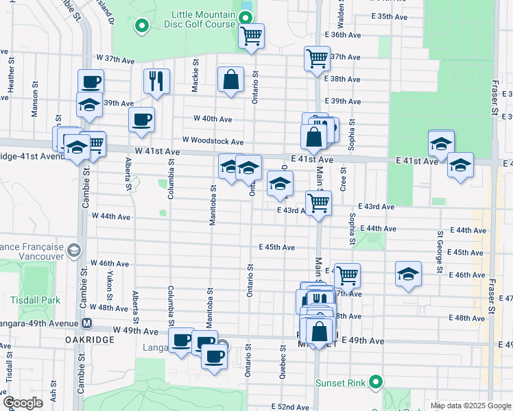 map of restaurants, bars, coffee shops, grocery stores, and more near 3 East 43rd Avenue in Vancouver