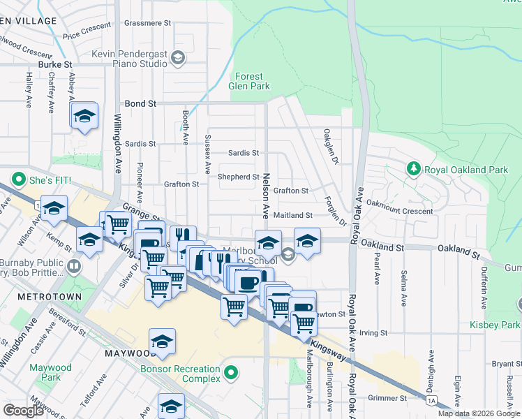 map of restaurants, bars, coffee shops, grocery stores, and more near 5871 Nelson Avenue in Burnaby