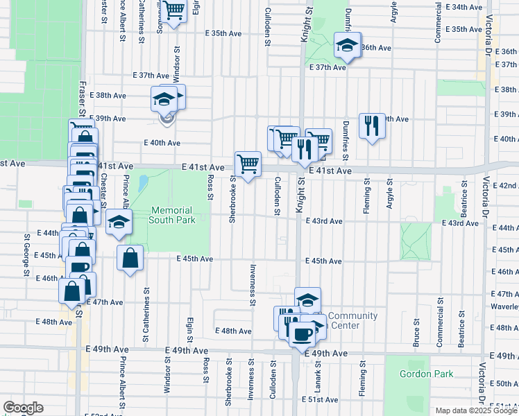 map of restaurants, bars, coffee shops, grocery stores, and more near 5878 Inverness Street in Vancouver
