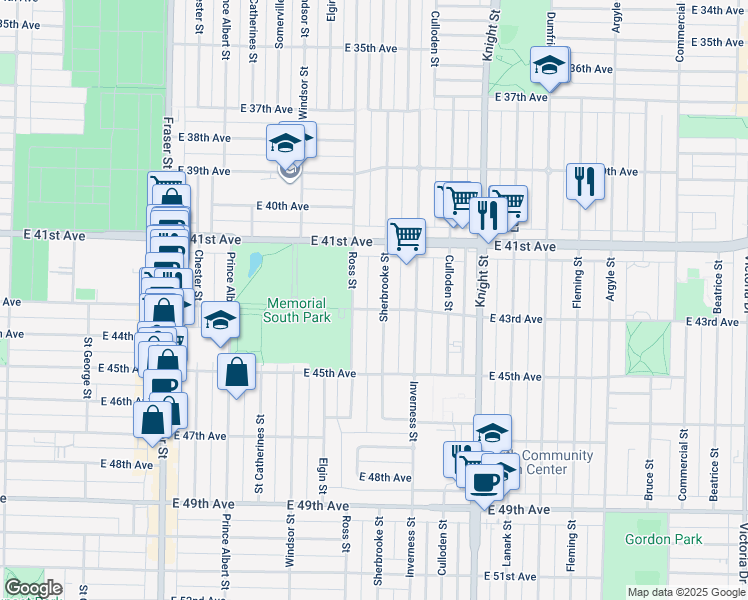 map of restaurants, bars, coffee shops, grocery stores, and more near 5885 Sherbrooke Street in Vancouver