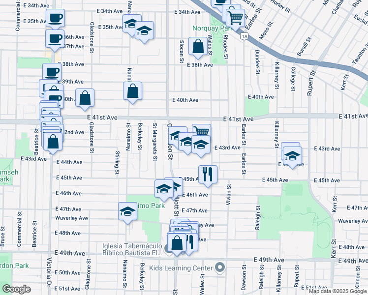 map of restaurants, bars, coffee shops, grocery stores, and more near 2545 East 43rd Avenue in Vancouver