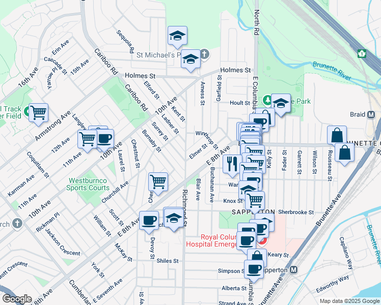 map of restaurants, bars, coffee shops, grocery stores, and more near 433 Elmer Street in New Westminster