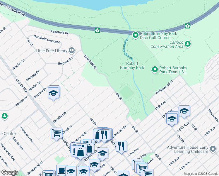 map of restaurants, bars, coffee shops, grocery stores, and more near 6873 4th Street in Burnaby