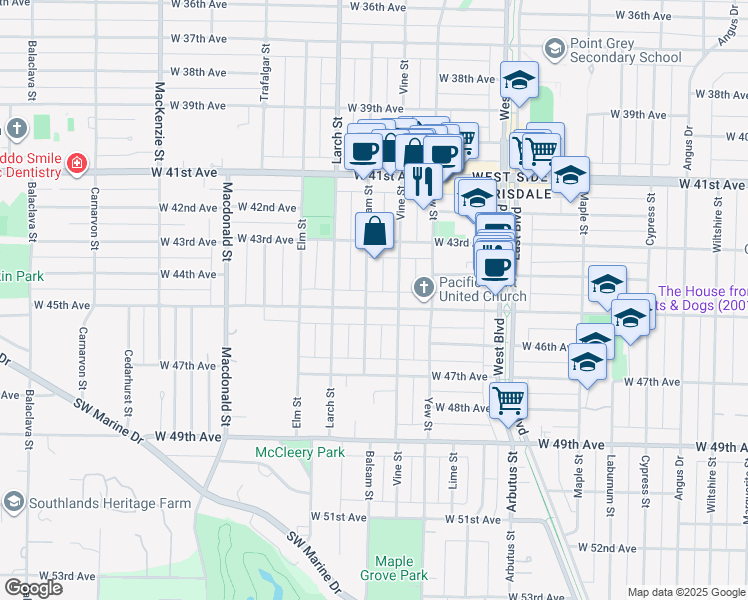 map of restaurants, bars, coffee shops, grocery stores, and more near 2375 West 45th Avenue in Vancouver