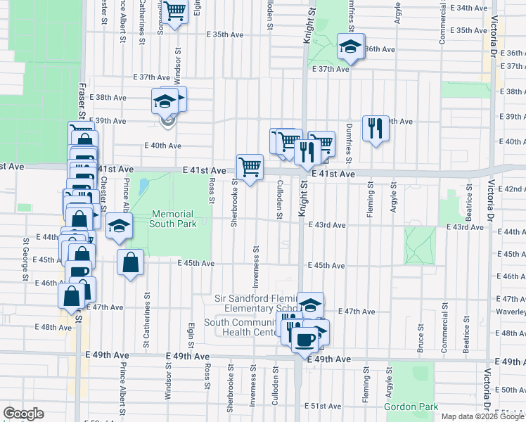 map of restaurants, bars, coffee shops, grocery stores, and more near 5878 Inverness Street in Vancouver