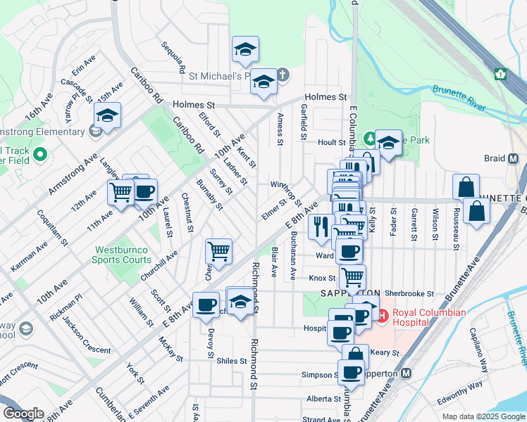 map of restaurants, bars, coffee shops, grocery stores, and more near 433 Elmer Street in New Westminster