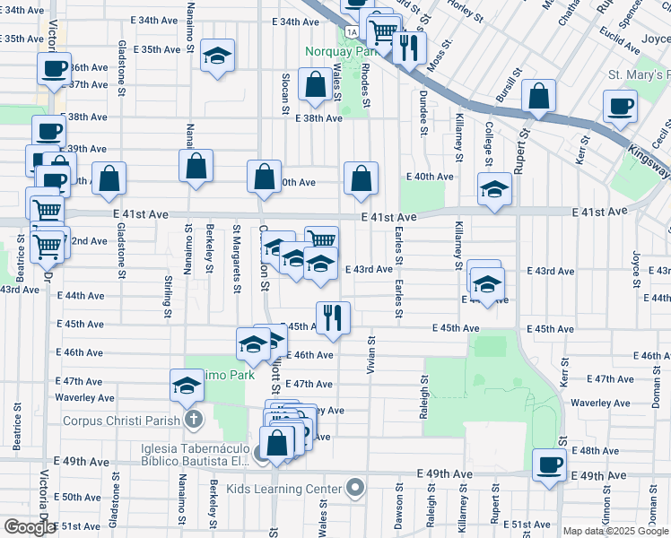 map of restaurants, bars, coffee shops, grocery stores, and more near 5805 Wales Street in Vancouver