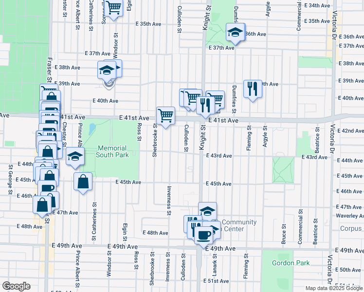 map of restaurants, bars, coffee shops, grocery stores, and more near 5873 Culloden Street in Vancouver