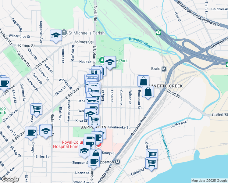 map of restaurants, bars, coffee shops, grocery stores, and more near 466 Fader Street in New Westminster