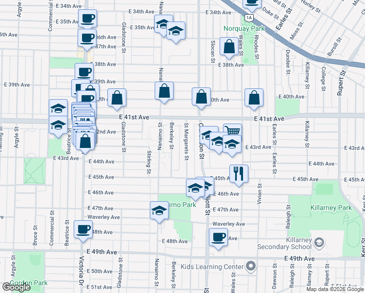 map of restaurants, bars, coffee shops, grocery stores, and more near 5799 Saint Margarets Street in Vancouver