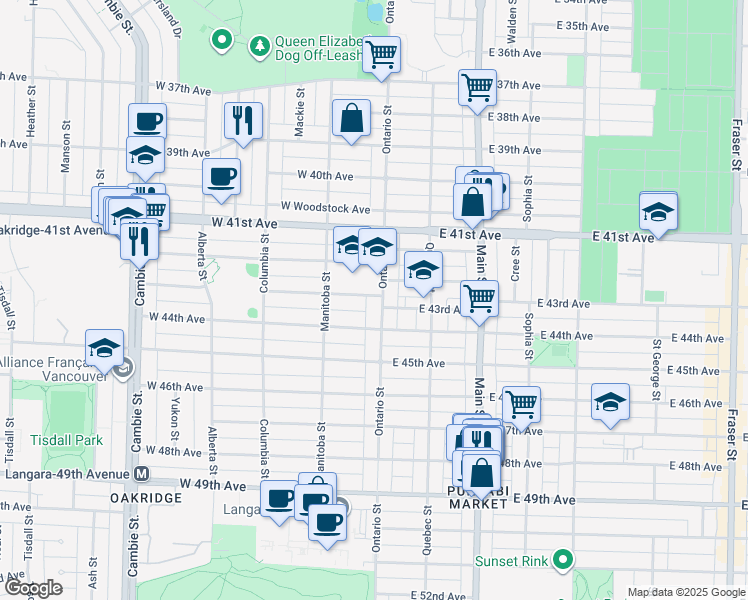 map of restaurants, bars, coffee shops, grocery stores, and more near 18 West 43rd Avenue in Vancouver