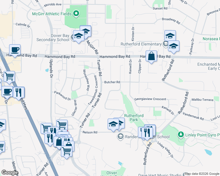 map of restaurants, bars, coffee shops, grocery stores, and more near 6043 Butcher Road in Nanaimo