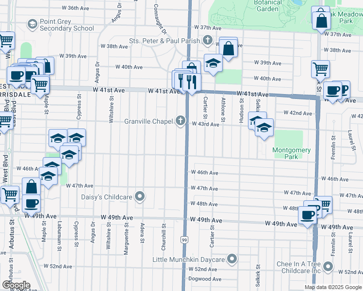 map of restaurants, bars, coffee shops, grocery stores, and more near 6045 Granville Street in Vancouver