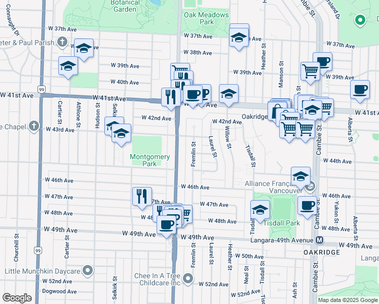 map of restaurants, bars, coffee shops, grocery stores, and more near 5989 Fremlin Street in Vancouver
